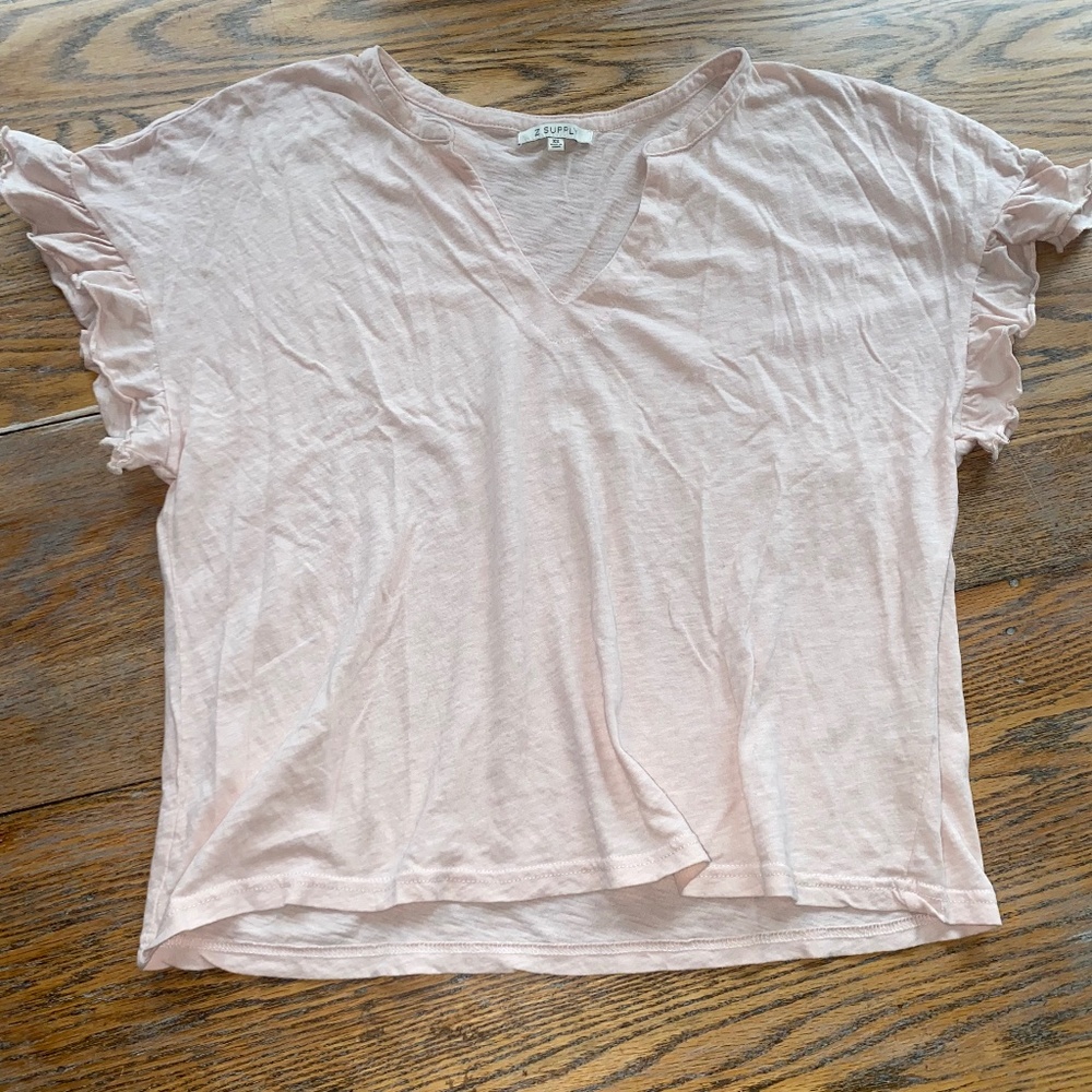 Z SUPPLY cotton light peach blush split neck/ruffled sleeve end knit top/XS